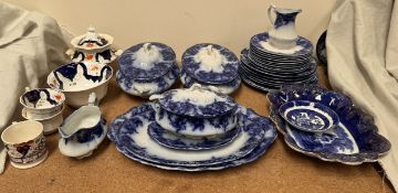 A Flo blue part dinner service together with a gaudy Welsh part tea service