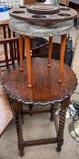 An oak occasional table together with a brass topped table and a lazy susan