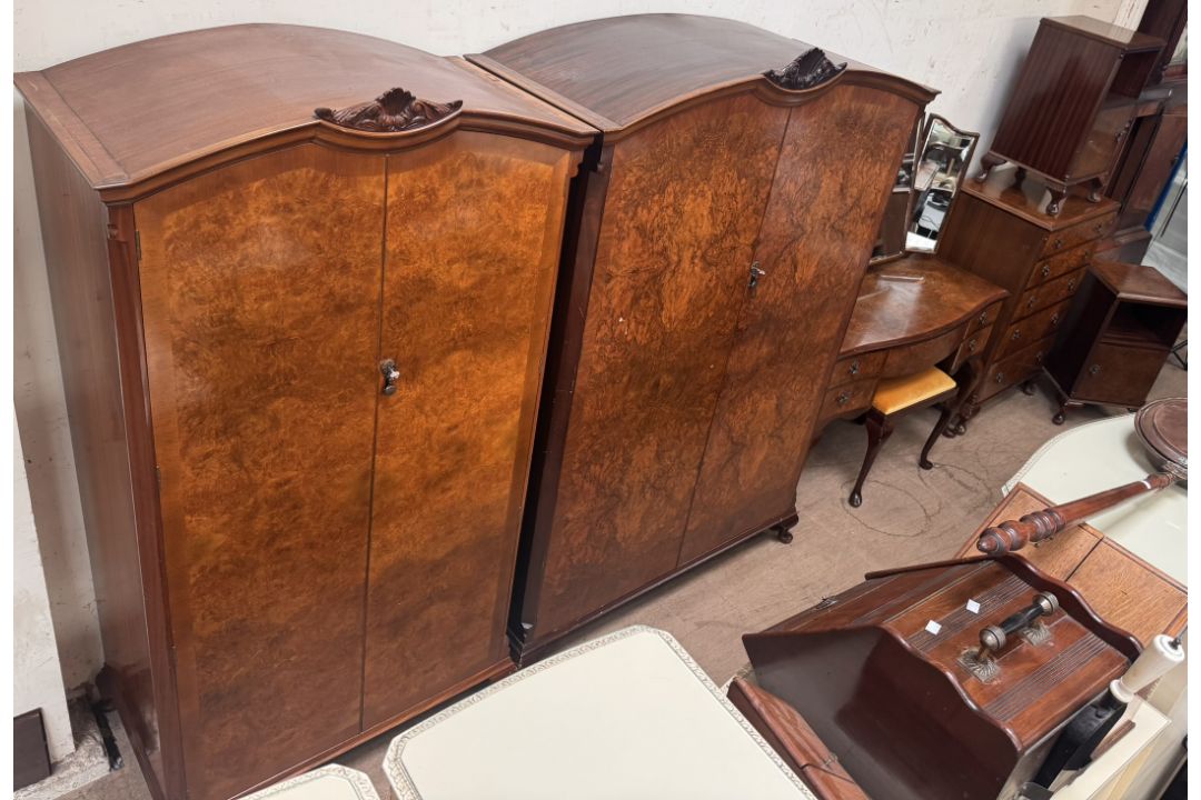A 20th century burr walnut bedroom suite comprising two wardrobes, dressing table, stool, - Image 1 of 5