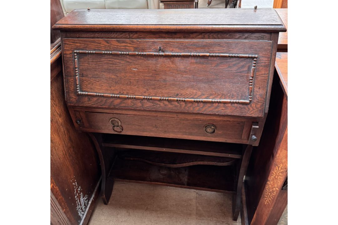 An oak court cupboard together with an oak bureau and a walnut music cabinet - Image 3 of 4