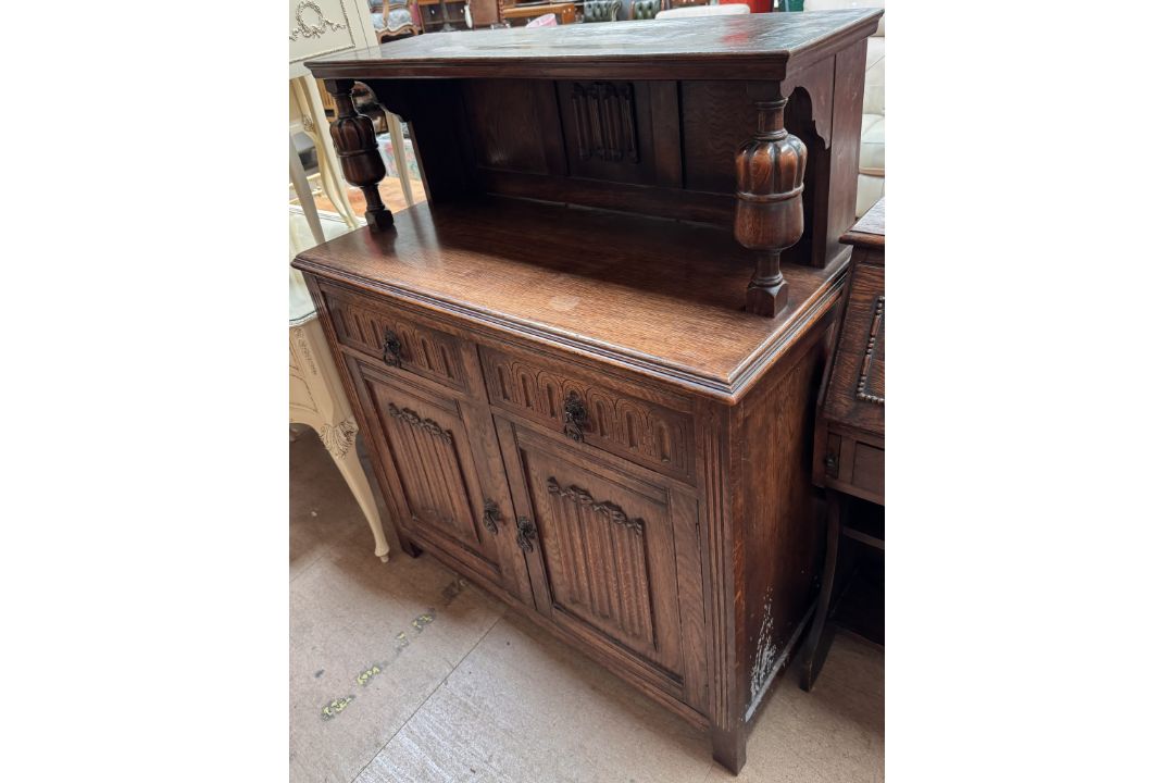 An oak court cupboard together with an oak bureau and a walnut music cabinet - Image 4 of 4