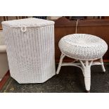 A white painted loom corner laundry basket together with a white painted stool of similar design
