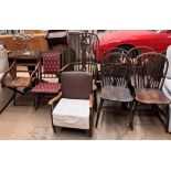 A set of four wheelback kitchen chairs together with a Wheel back Windsor chair and three other