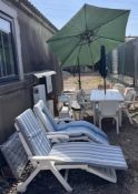 Garden furniture including a table chairs, reclining chairs, tea trolley,