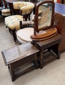 Two oak stools together with a mahogany toilet mirror
