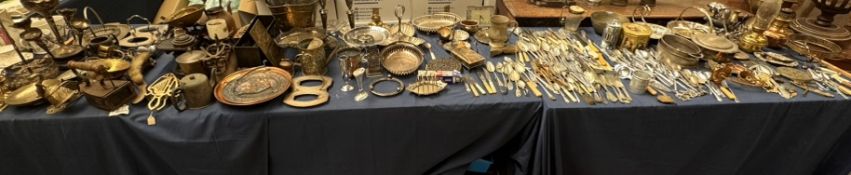 A large lot including a brass coal bucket, scales and weights, brass candlesticks, other brasswares,