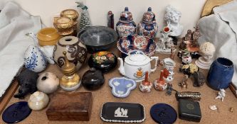 A studio pottery bowl together with studio pottery vases, Japanese Imari vases and covers,