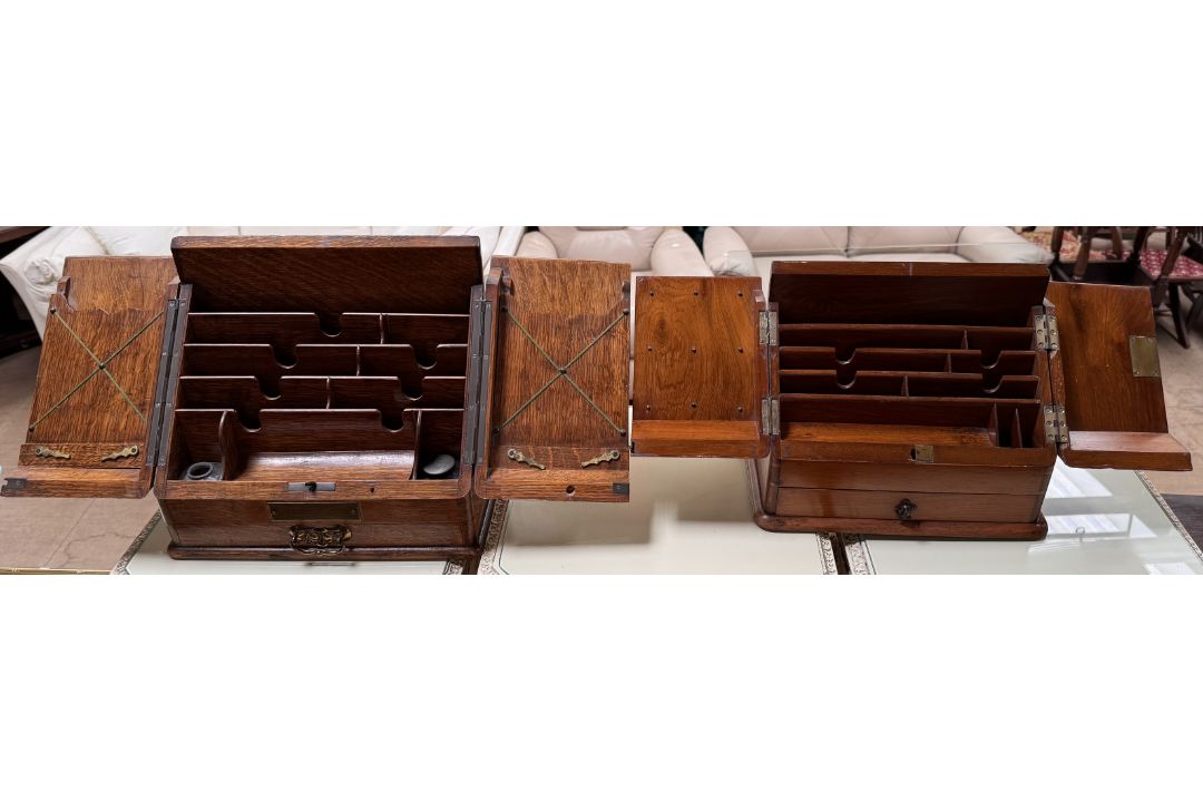 An Edwardian oak table top stationery cabinet with a sloping front enclosing compartments, - Image 2 of 2