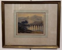 In the style of George Barret A bridge over a river Watercolour 15 x 19cm