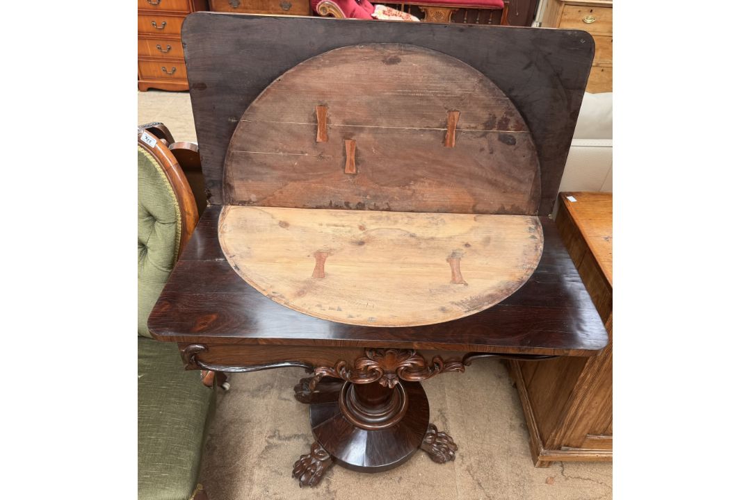 A Victorian rosewood card table with a foldover top lacking baize on a pedestal column, - Image 2 of 2