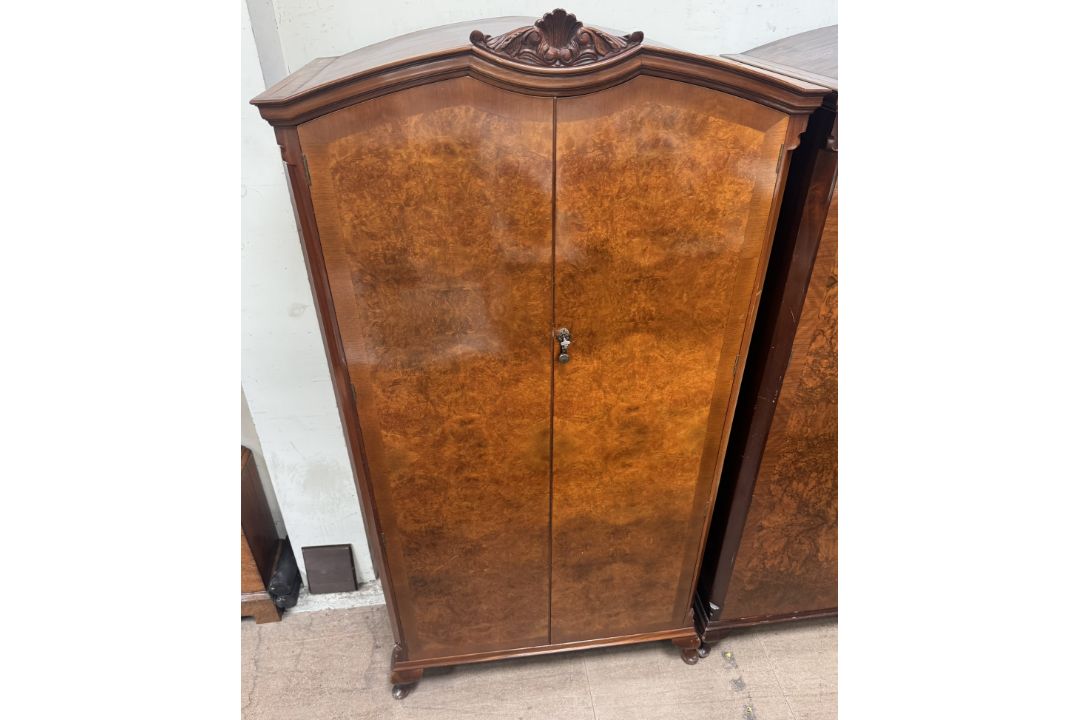 A 20th century burr walnut bedroom suite comprising two wardrobes, dressing table, stool, - Image 2 of 5
