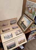 A folio of watercolour of shipping scenes together with an oil painting of a windmill by M H Carter