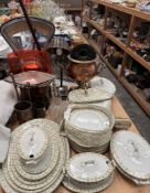 A copper samovar together with a shop scales, shooting stick, claret jug, copper measures,