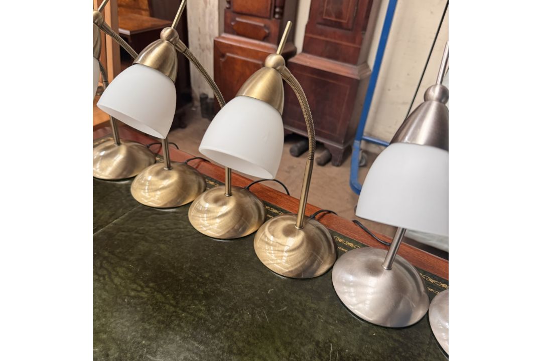 A set of four brass table lamps with opaque glass shades together with a pair of satin steel table - Image 3 of 3