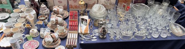 Part tea services together with commemorative china, drinking glasses,