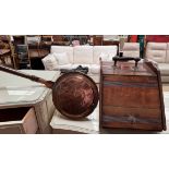 A copper bed warming pan together with a coal purdonium etc