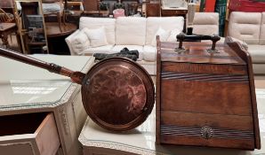A copper bed warming pan together with a coal purdonium etc