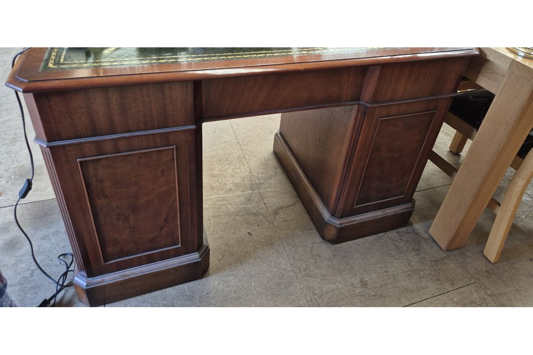 A Charles Barr reproduction pedestal desk with a leather inset inverted breakfront top above a - Image 2 of 8