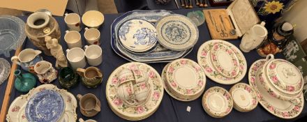 A Royal Worcester pink rose decorated part dinner set together with a Japanese satsuma pottery vase,