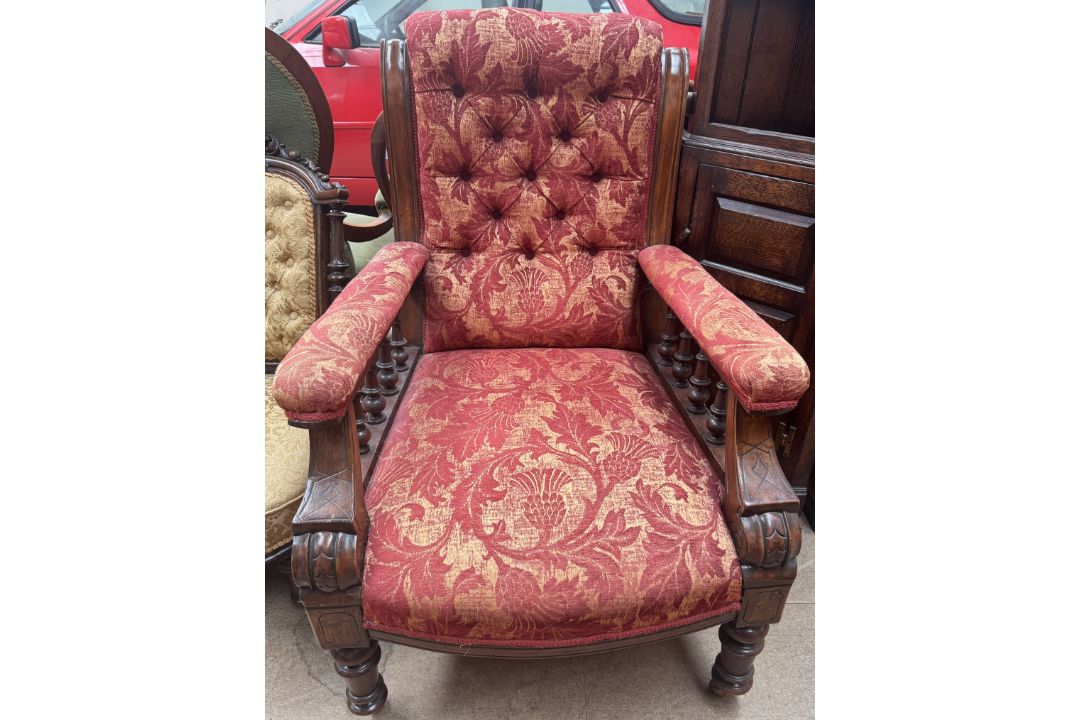 A Victorian mahogany framed library chair with deep buttoned upholstery, - Image 2 of 3