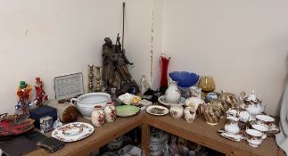 A Royal Albert Old Country Roses pattern part tea set, brass candlesticks, spelter figures, pottery,