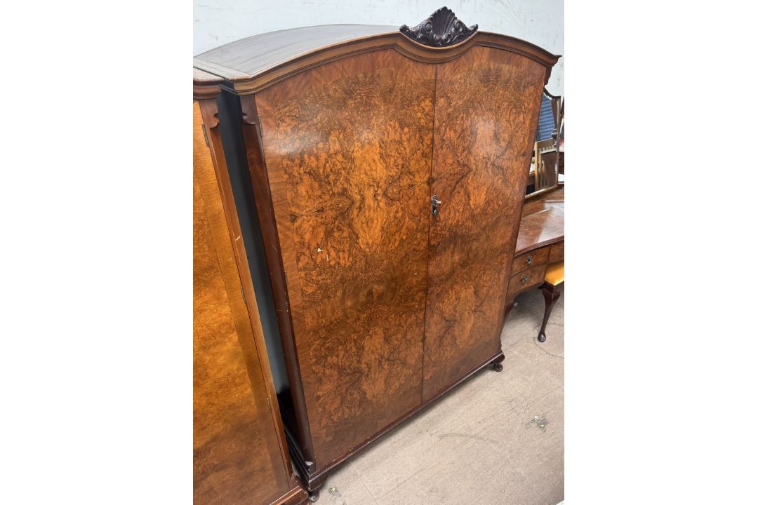 A 20th century burr walnut bedroom suite comprising two wardrobes, dressing table, stool, - Image 3 of 5