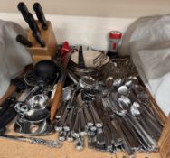 Assorted electroplated and stainless steel cutlery, place mats,