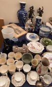 A Chinese prunus blossom baluster vase together with assorted blue and white, spelter figures,