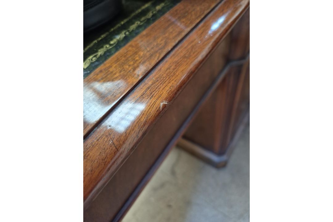 A Charles Barr reproduction pedestal desk with a leather inset inverted breakfront top above a - Image 8 of 8