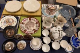 A collection of pot lids together with Swansea jugs, Royal Crown Derby teapot, part tea sets,