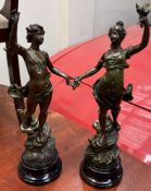A pair of spelter figures depicting a young girl and a young boy on naturalistic bases,