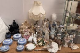 A collection of Nao figures of children together with Wedgwood jasper wares, resin figures,