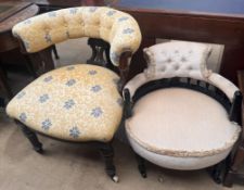 A Victorian upholstered horseshoe shaped chair with floral decorated upholstery together with a