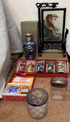 A table top screen decorated with a tiger, together with a cloisonne enamel vase, champleve enamel,