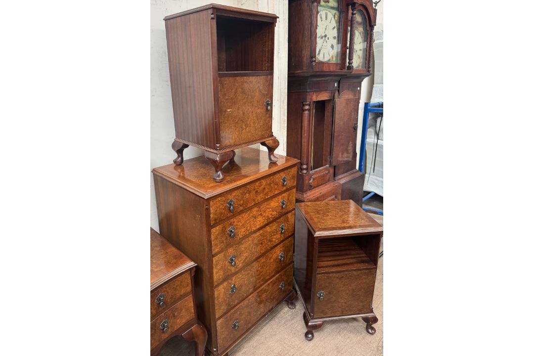 A 20th century burr walnut bedroom suite comprising two wardrobes, dressing table, stool, - Image 5 of 5