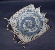 Morgen Hall - A pottery square dish with scrolling handles decorated with swirls and dots pattern,