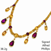 ALFRED PHILLIPS, EXQUISITE LATE 19TH CENTURY CERTIFICATED IMPERIAL TOPAZ AND GARNET ENAMEL FRINGE NE