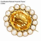 CERTIFICATED IMPERIAL TOPAZ AND PEARL BROOCH