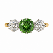 FINE DEMANTOID GARNET AND DIAMOND 3-STONE RING