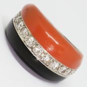 RETRO CORAL ONYX AND DIAMOND BOMBE RING
