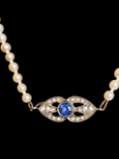 LOVELY EDWARDIAN PEARL NECKLACE WITH SAPPHIRE AND DIAMOND CLASP