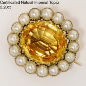 CERTIFICATED IMPERIAL TOPAZ AND PEARL BROOCH