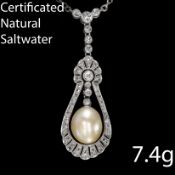 BELLE EPOQUE CERTIFICATED NATURAL SALTWATER PEARL AND DIAMOND PENDANT NECKLACE