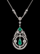 FINE EDWARDIAN EMERALD AND DIAMOND PENDANT NECKLACE