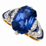 FINE CERTIFICTED ART-DECO CEYLON SAPPHIRE AND DIAMOND RING