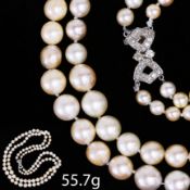 TWO STRAND PEARL NECKLACE WITH DIAMOND CLASP