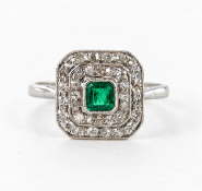 ART DECO EMERALD AND DIAMOND CLUSTER RING