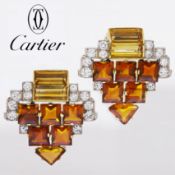 CARTIER LONDON, PAIR OF RETRO CITRINE AND DIAMOND CLIP BROOCHES