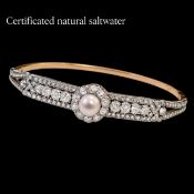 ELEGANT CERTIFICATED NATURAL SALTWATER PEARL AND DIAMOND BANGLE