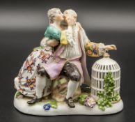 Galantes Paar mit einem Vogel im Vogelkäfig / A courting couple with a bird in a bird cage, ...